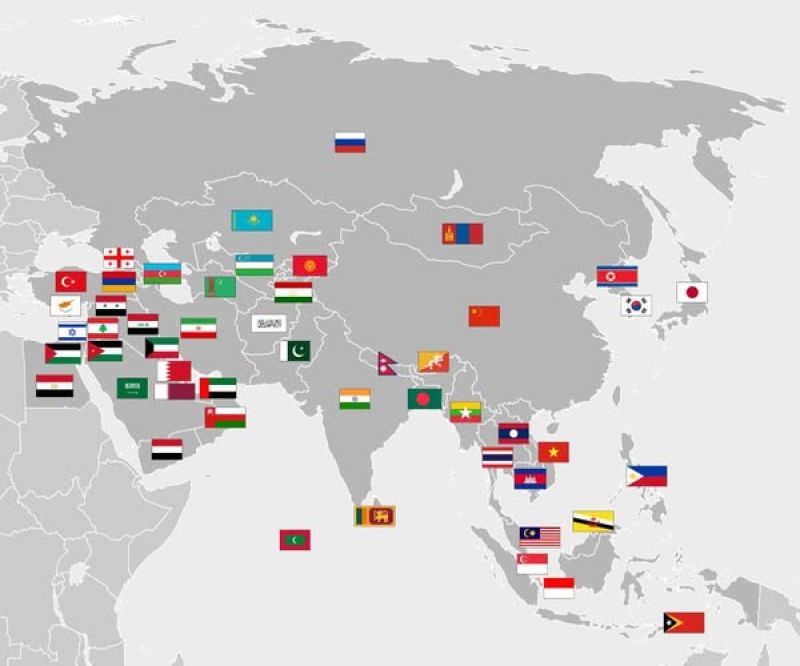 Vibrant Political Map of Asia Showcasing Sovereign Nations Through Their National Flags, Excluding Dependencies and Disputed States